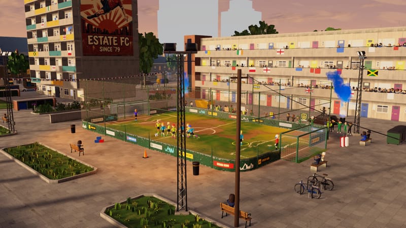 A caged five-a-side pitch between tower blocks at dusk, a match under way, washing and flags on the balconies.