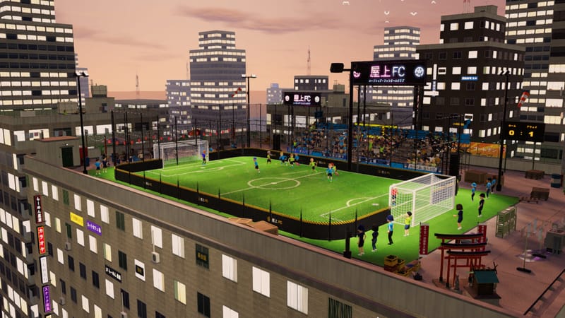 A bright pitch on the roof of a city block at dusk, lit office towers behind it.